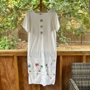 Julie Mango Vintage 90's White Vacation Theme T-Shirt Maxi Dress Size M